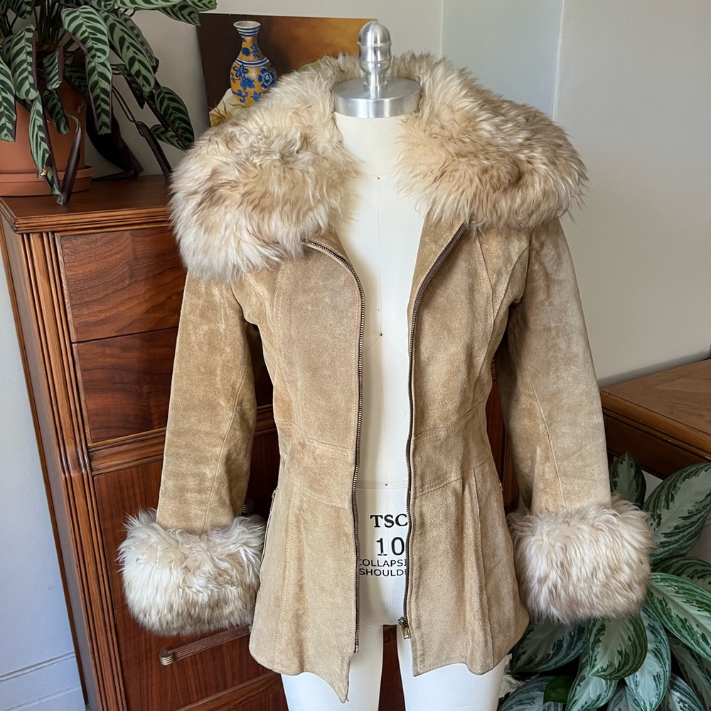 Vintage Tan Lamb’s Wool Trimmed Suede Jacket
